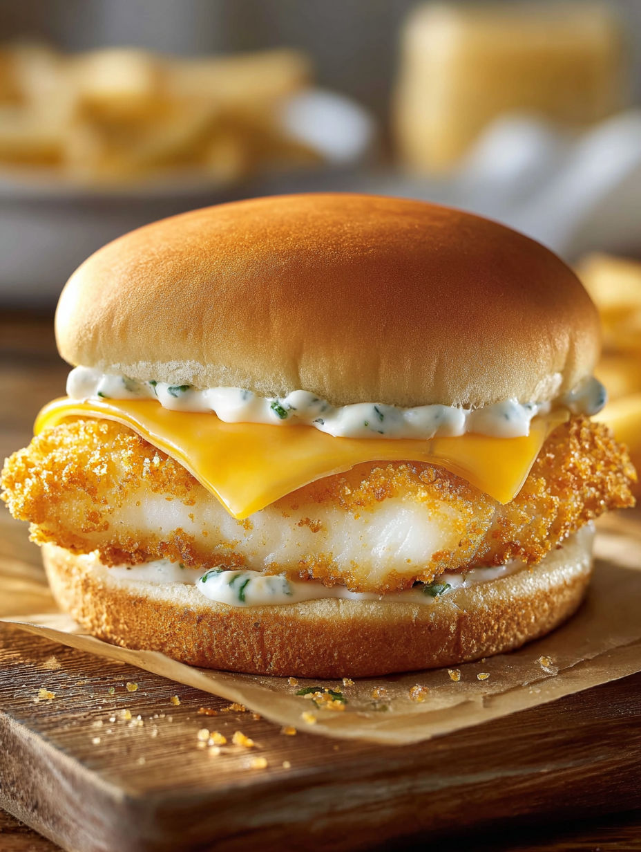 A Filet O Fish sandwich with cheese and sauce.