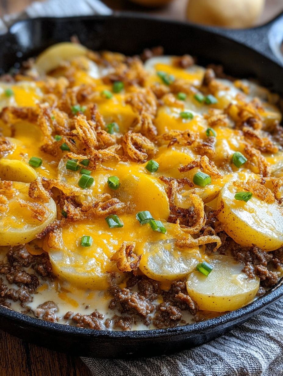 A casserole with ground beef and potatoes.
