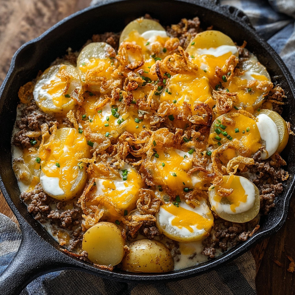 A delicious ground beef casserole with potatoes.