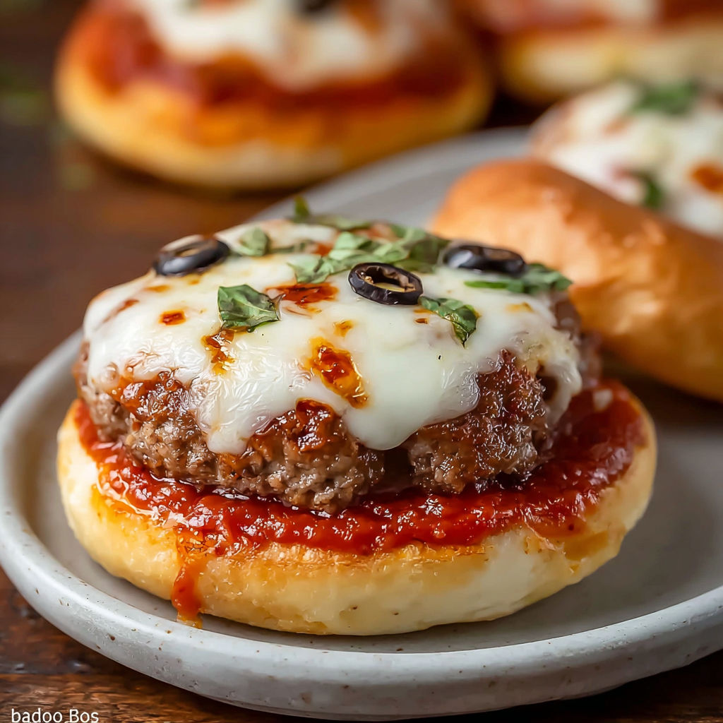 A cheesy Italian pizza burger on a plate.