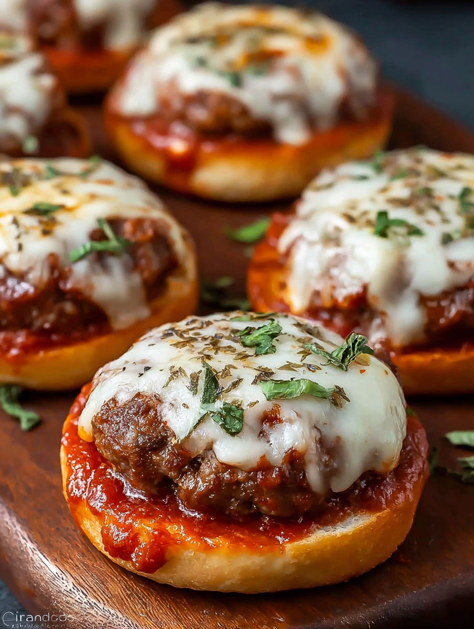 A plate of cheesy Italian pizza burgers.
