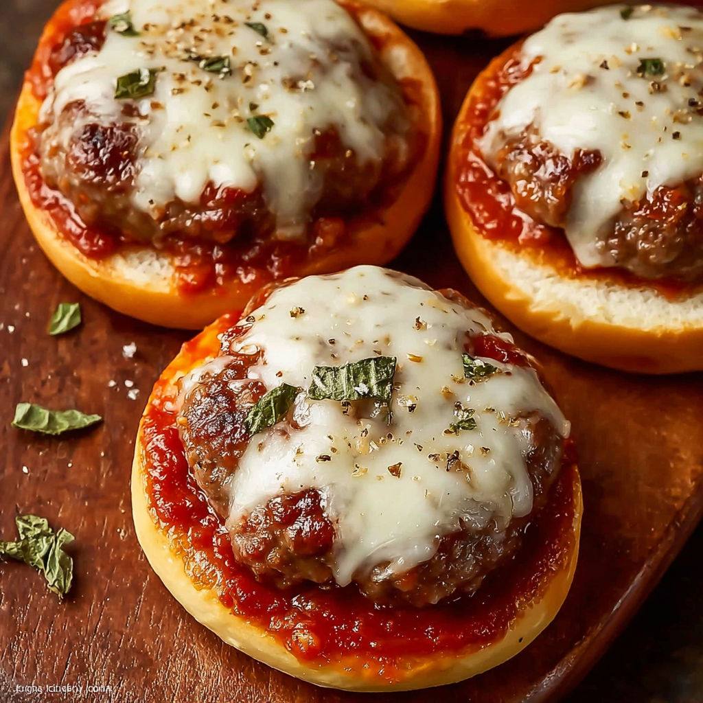 Two cheesy Italian pizza burgers on a wooden cutting board.
