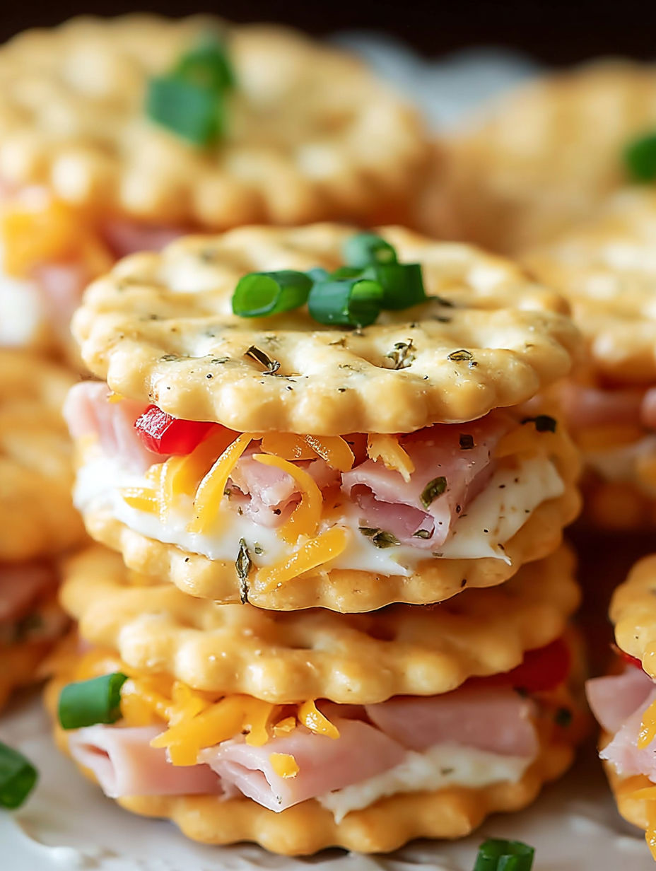 A stack of Ritz Cracker party sandwiches.