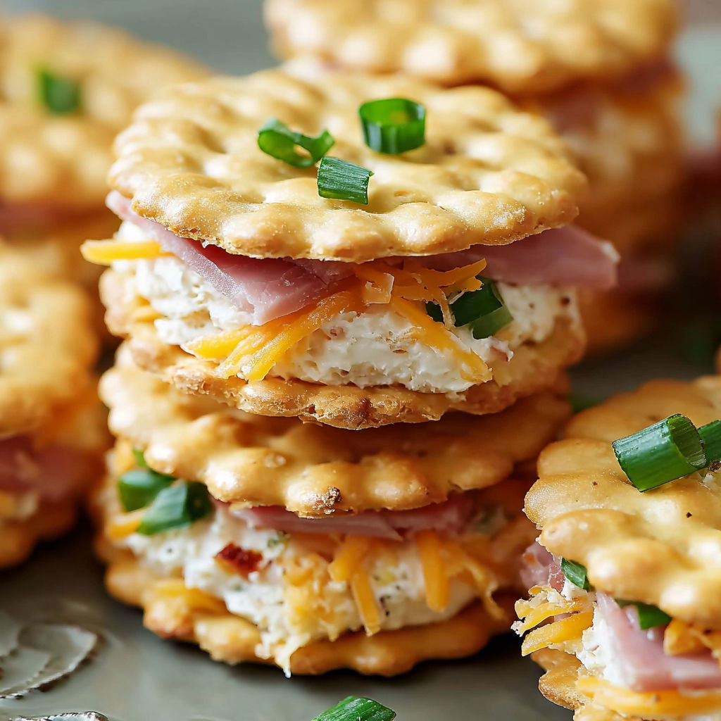 A stack of Ritz Cracker party sandwiches.