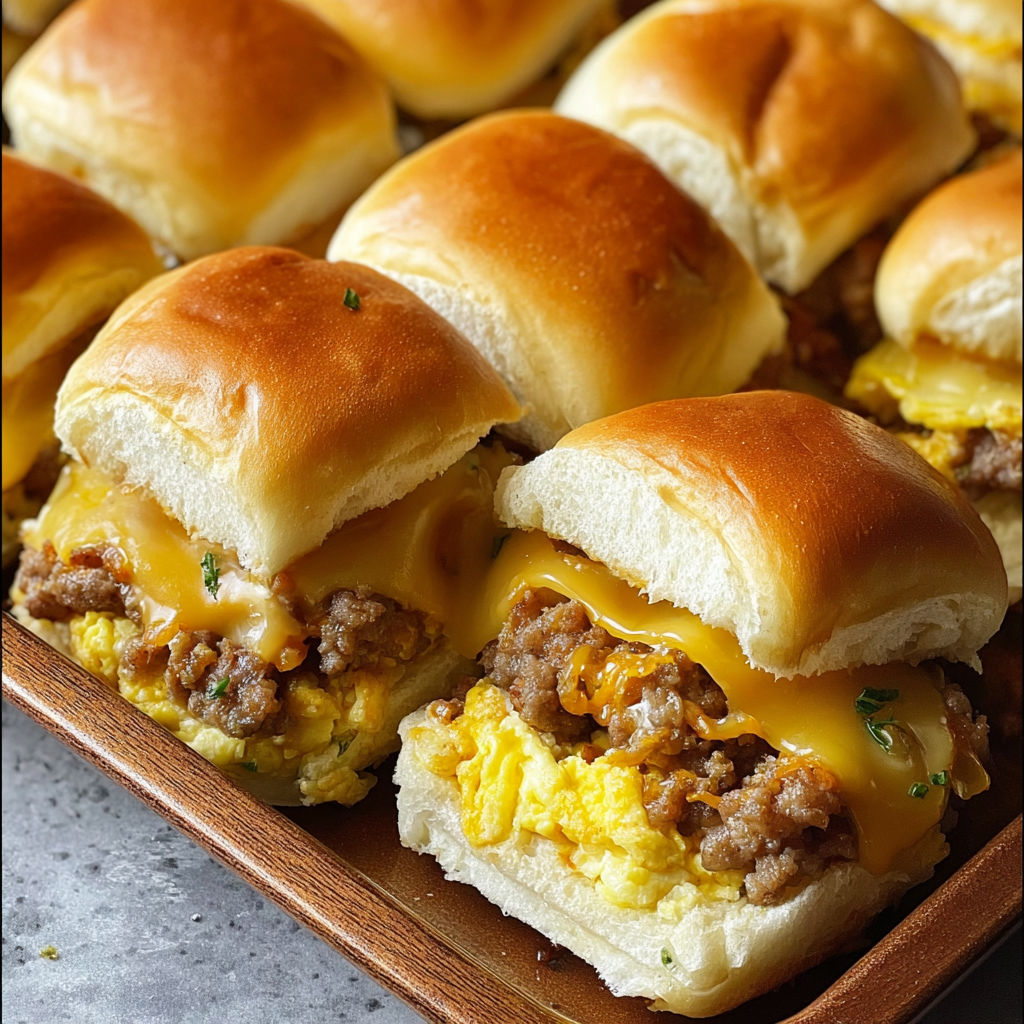 Sausage, egg, and cheese breakfast sliders.