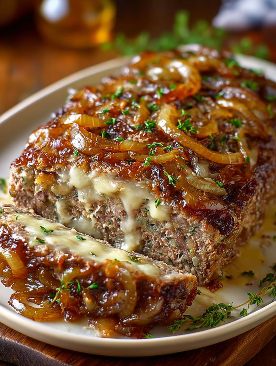 A piece of French onion meatloaf with Gruyere cheese.