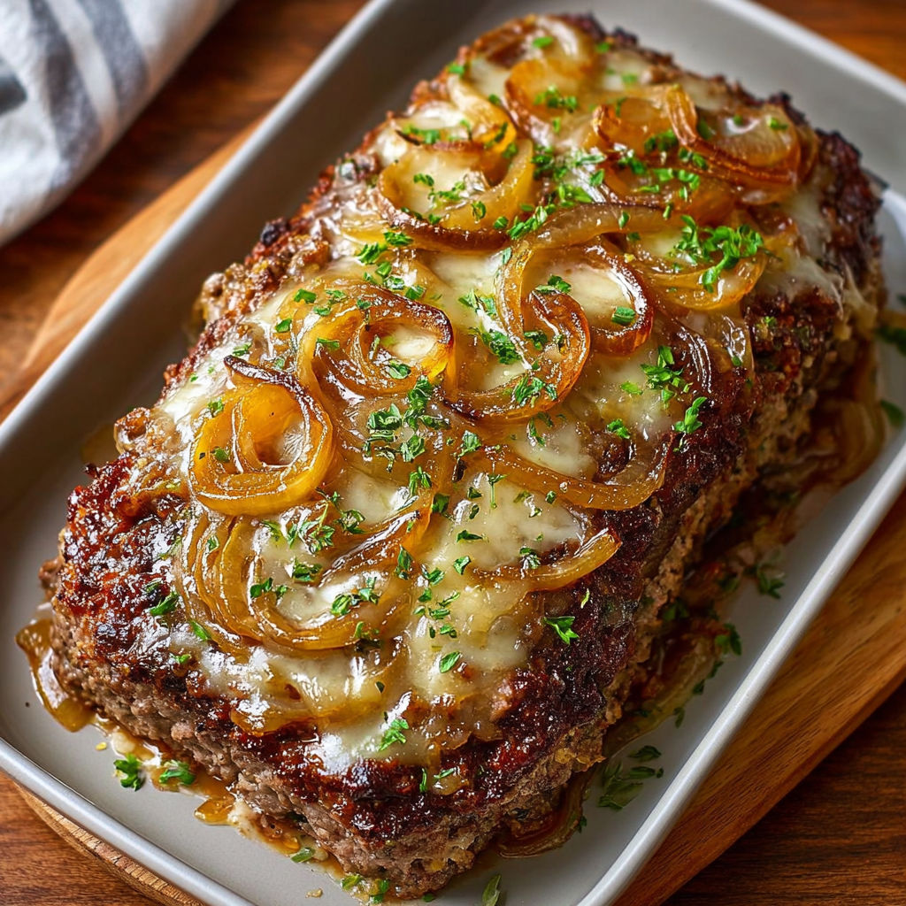 A meatloaf with onions and cheese on top.