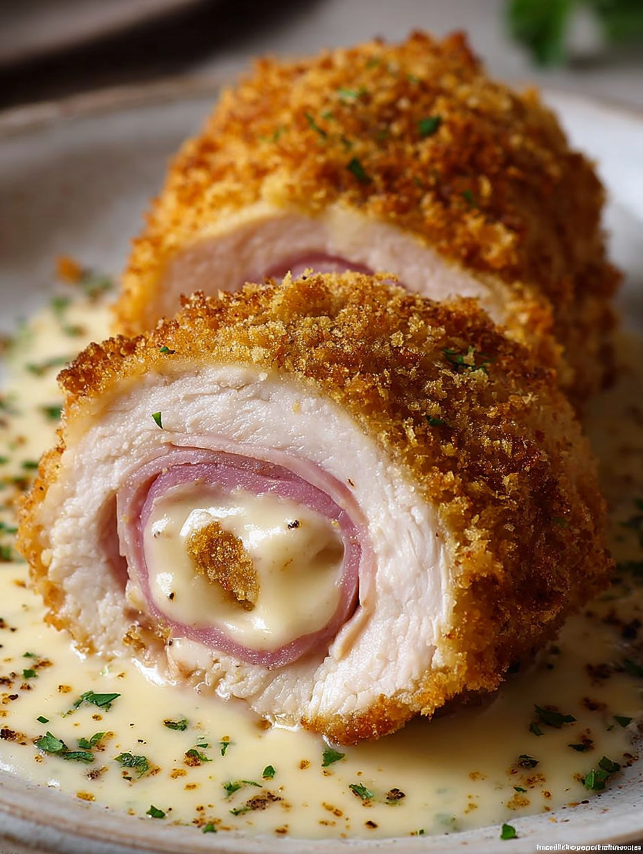 A piece of crispy creamy chicken cordon bleu.