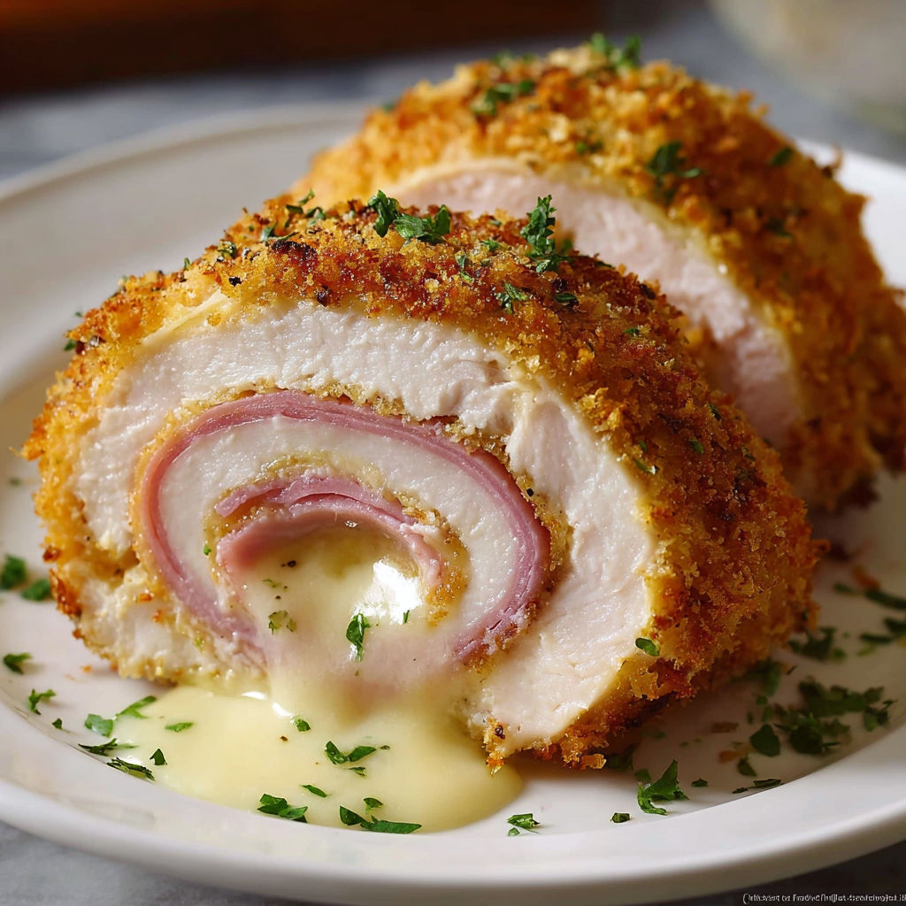 A plate of crispy creamy chicken cordon bleu.