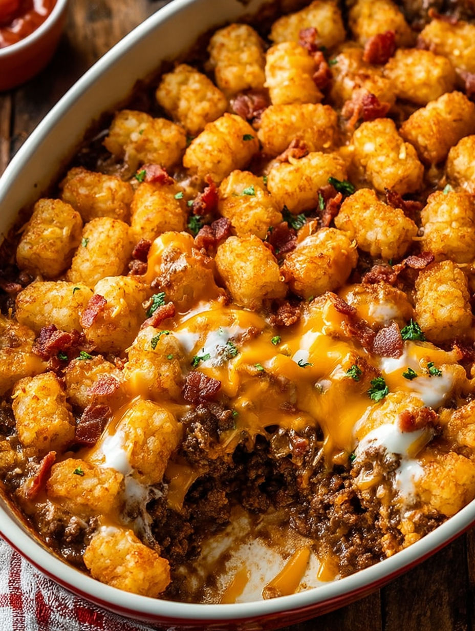 A cheeseburger tater tot casserole in a white bowl.
