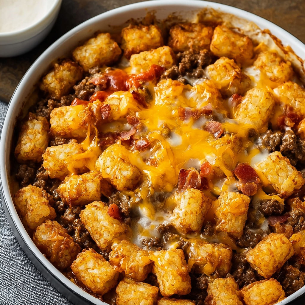 A cheeseburger tater tot casserole in a bowl.