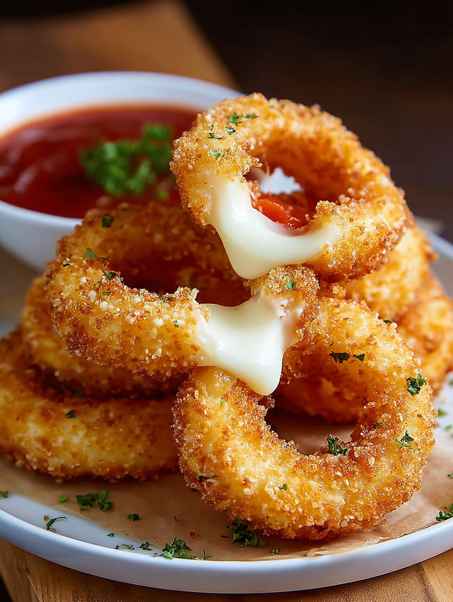 Mozzarella sticks on top of onion rings.