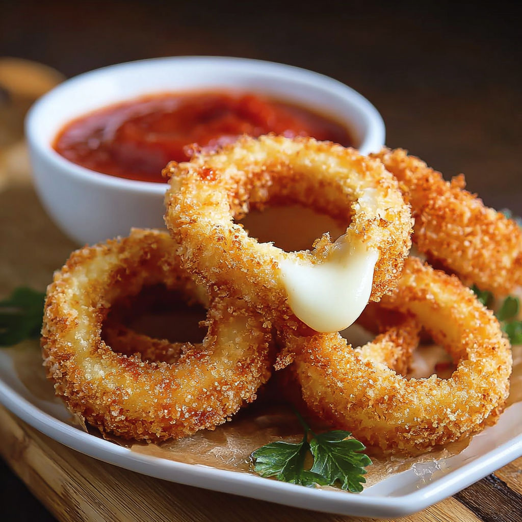 Mozzarella sticks on top of onion rings.