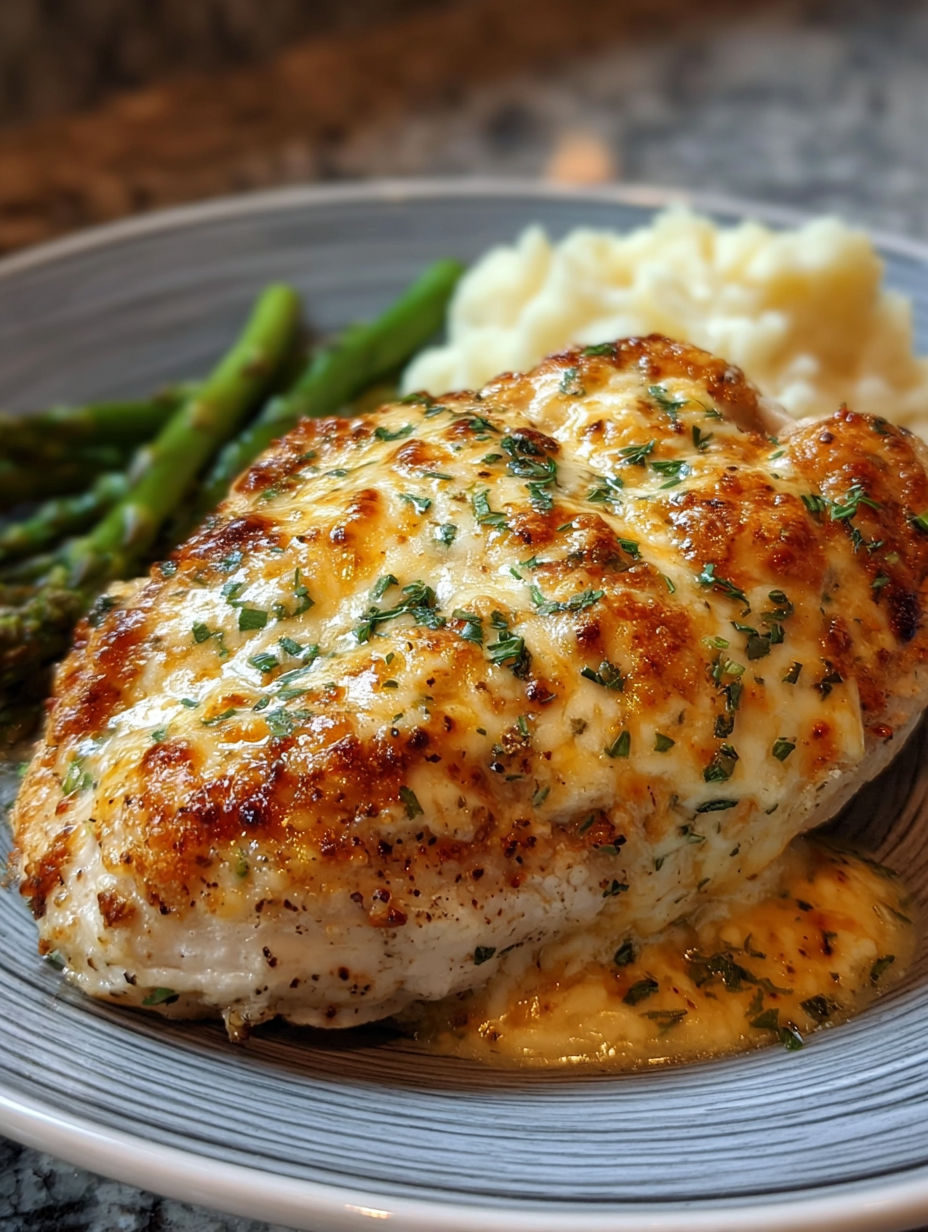 A plate of food with chicken, potatoes, and asparagus.