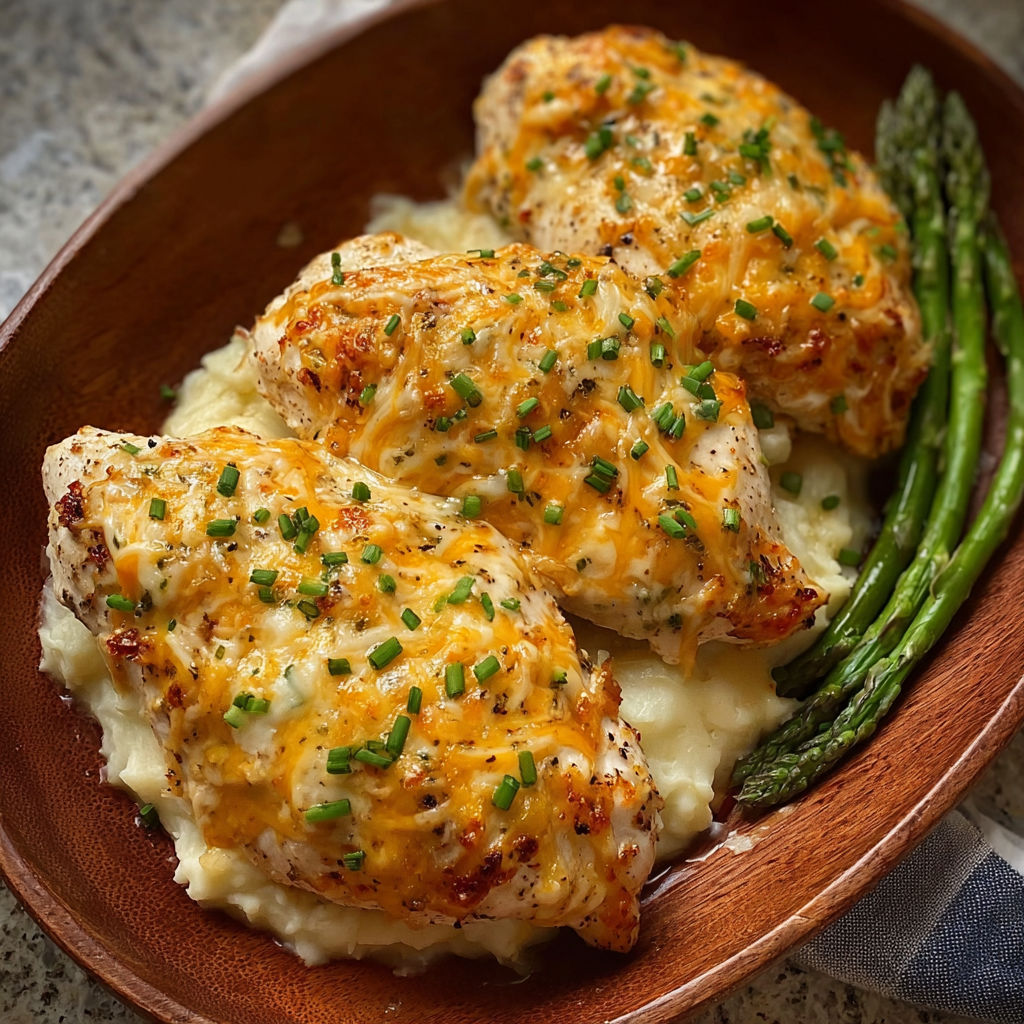 A bowl of chicken with cheese and herbs.