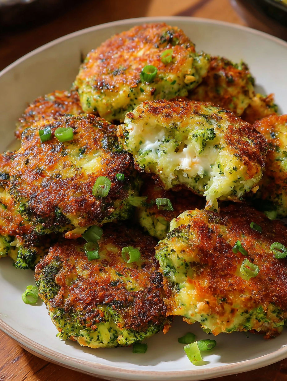 A plate of cheesy broccoli fritters.