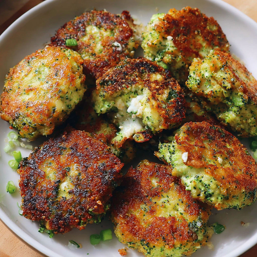 A plate of cheesy broccoli fritters.