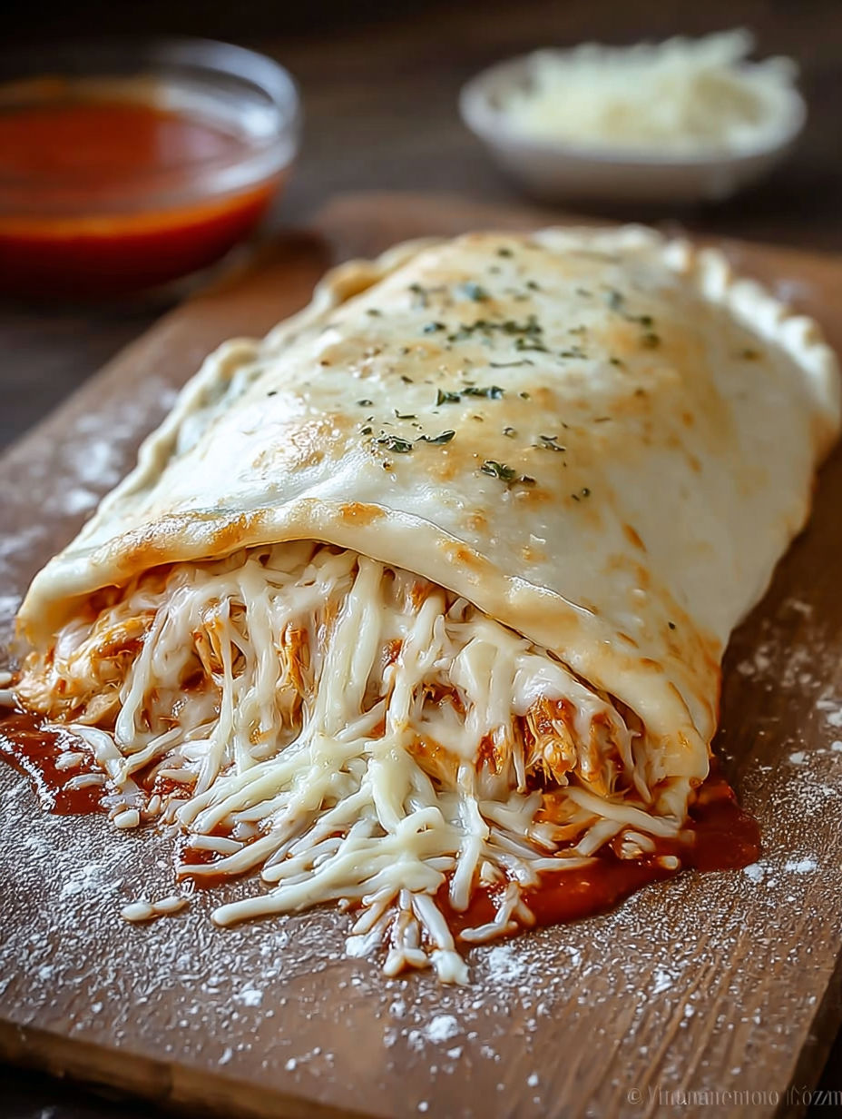 A BBQ chicken cheese stromboli on a wooden board.