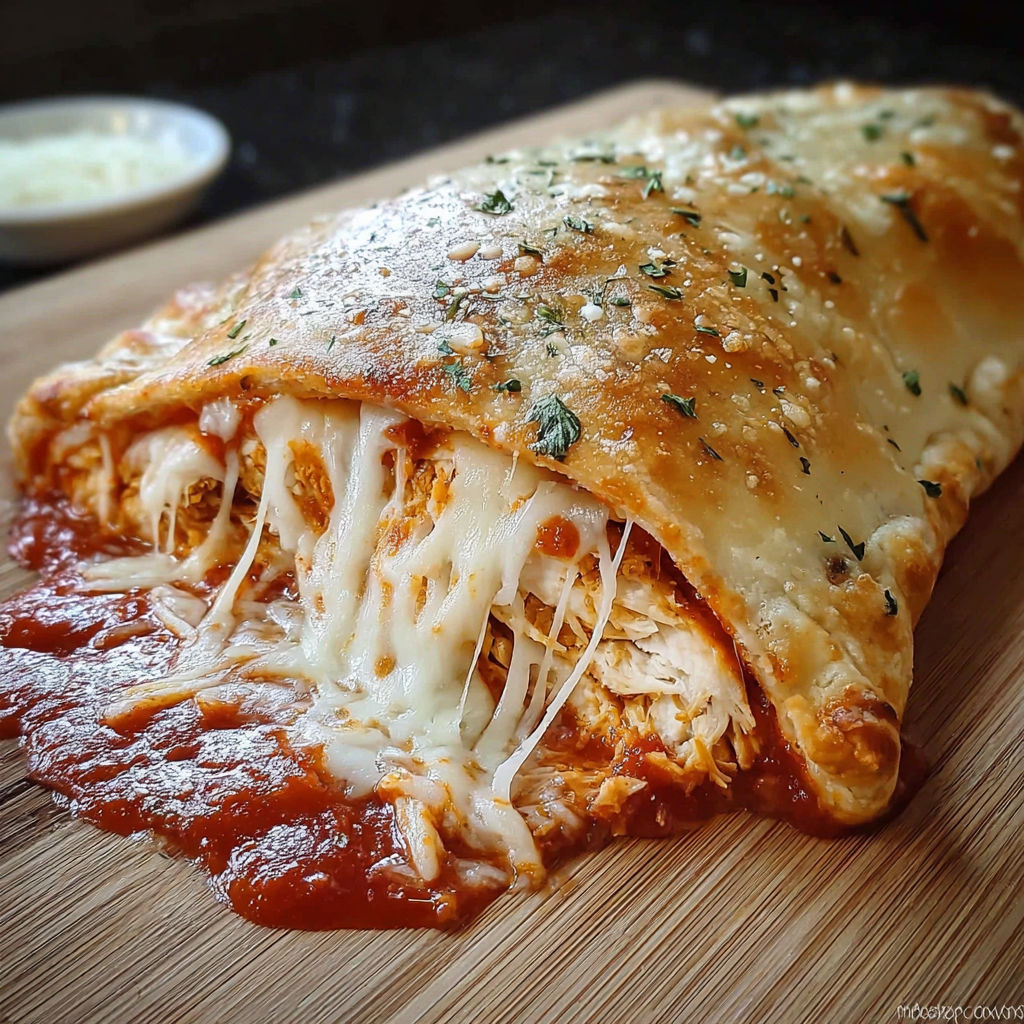 A BBQ chicken cheese stromboli on a wooden cutting board.