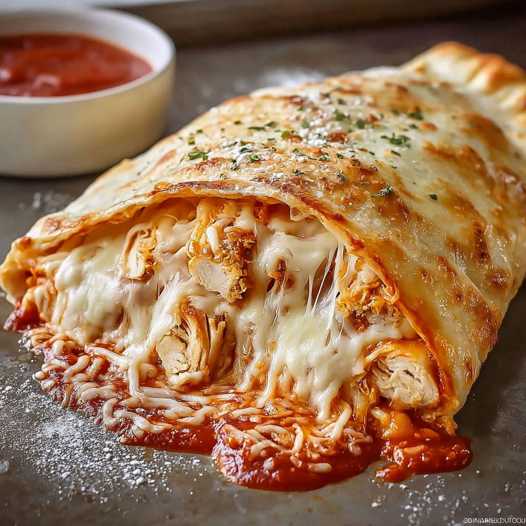 A slice of chicken Parmesan calzone.