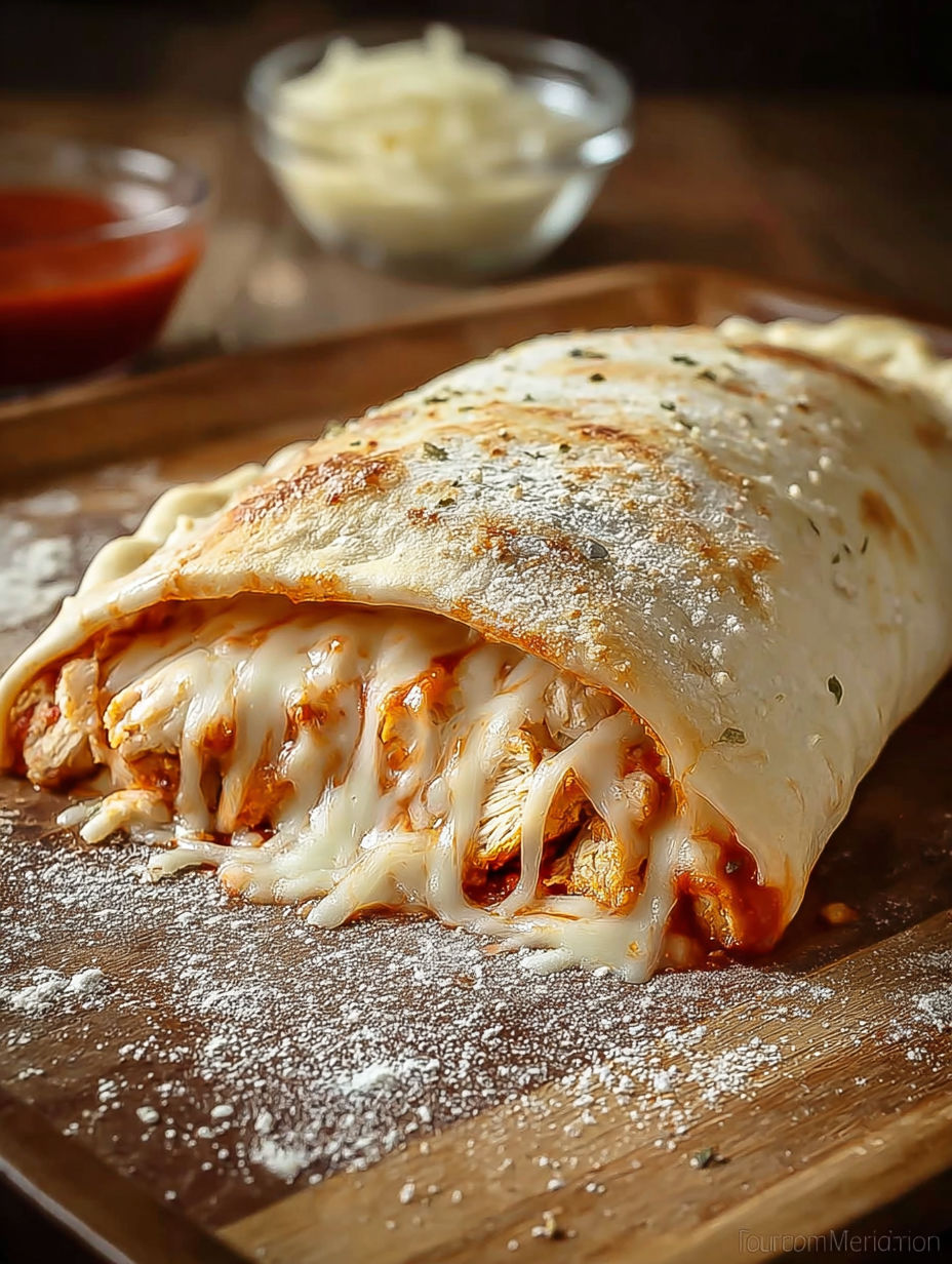 A chicken parmesan calzone on a wooden board.