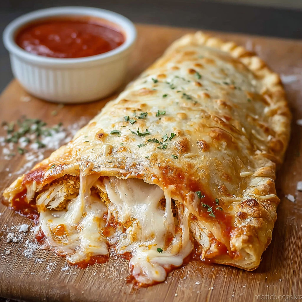 A Chicken Parmesan Calzone on a wooden cutting board.