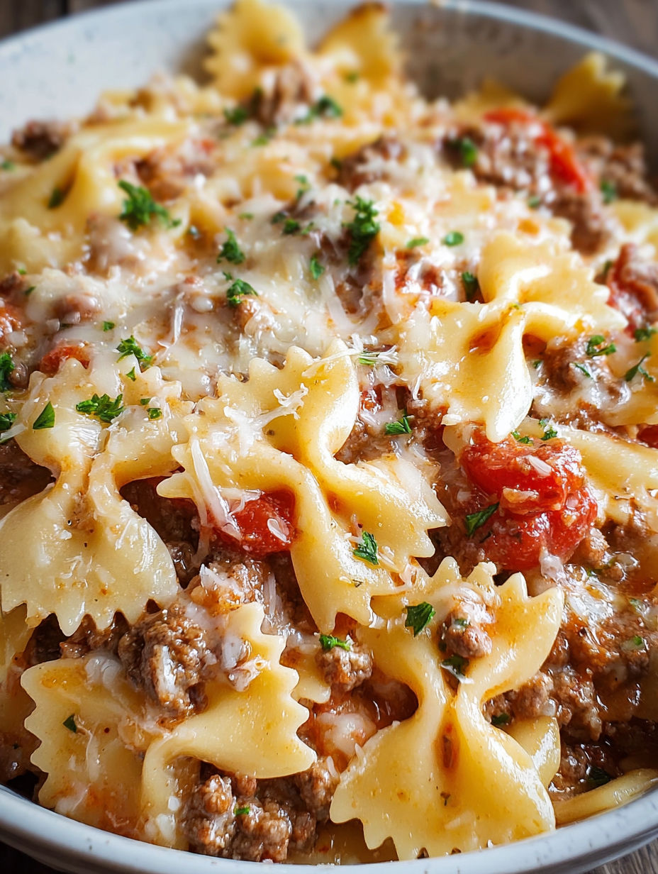 A bowl of creamy beef bowtie pasta.