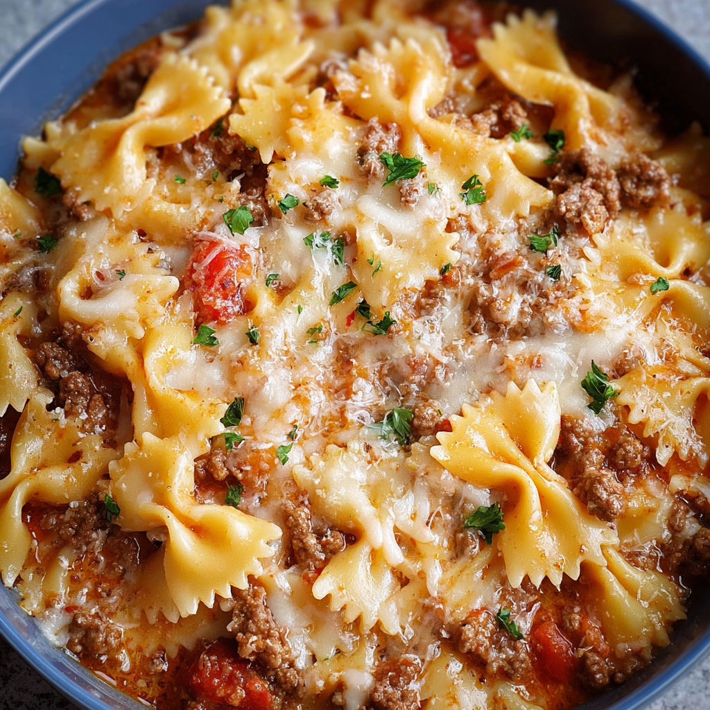 A bowl of creamy beef pasta.