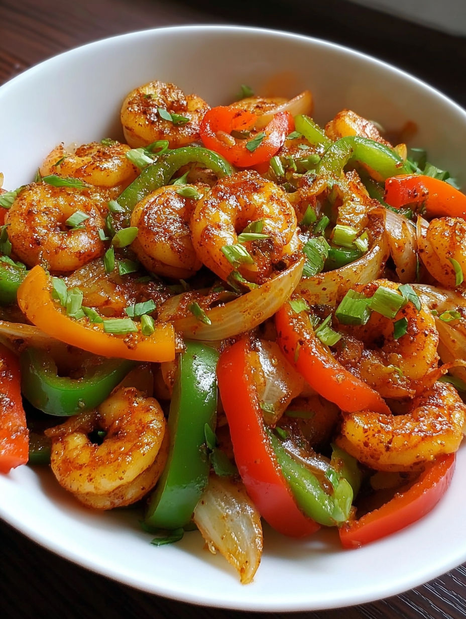 A bowl of shrimp and bell pepper stir fry.