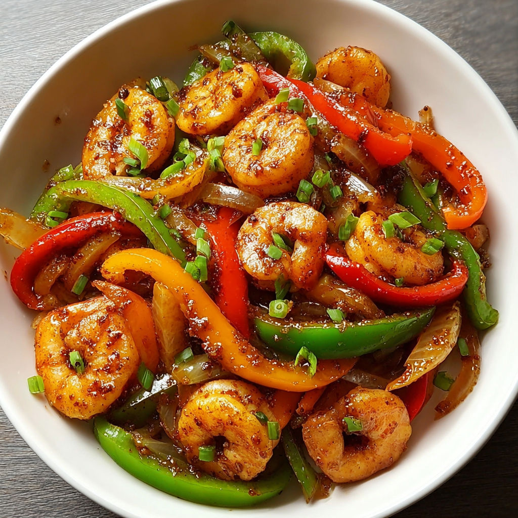 A bowl of shrimp and bell pepper stir fry.