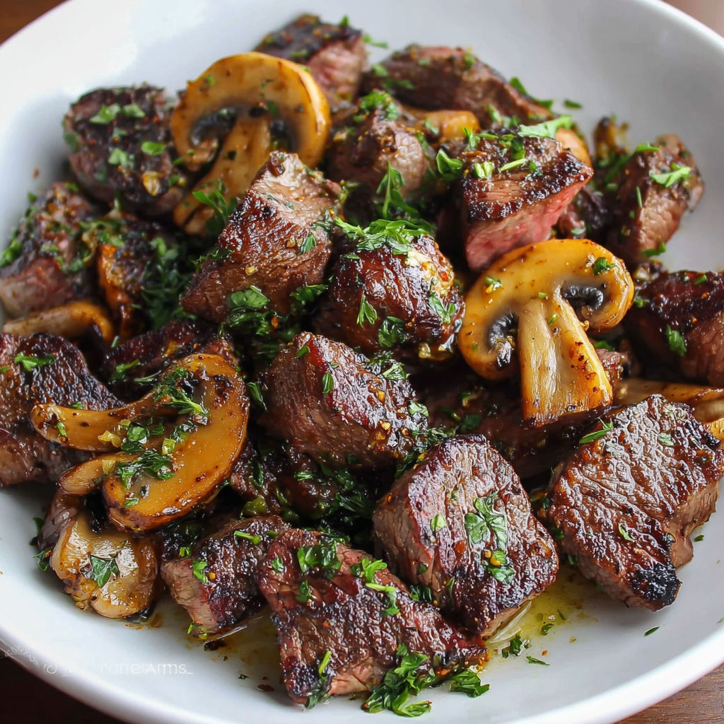 A bowl of steak bites with mushrooms and herbs.
