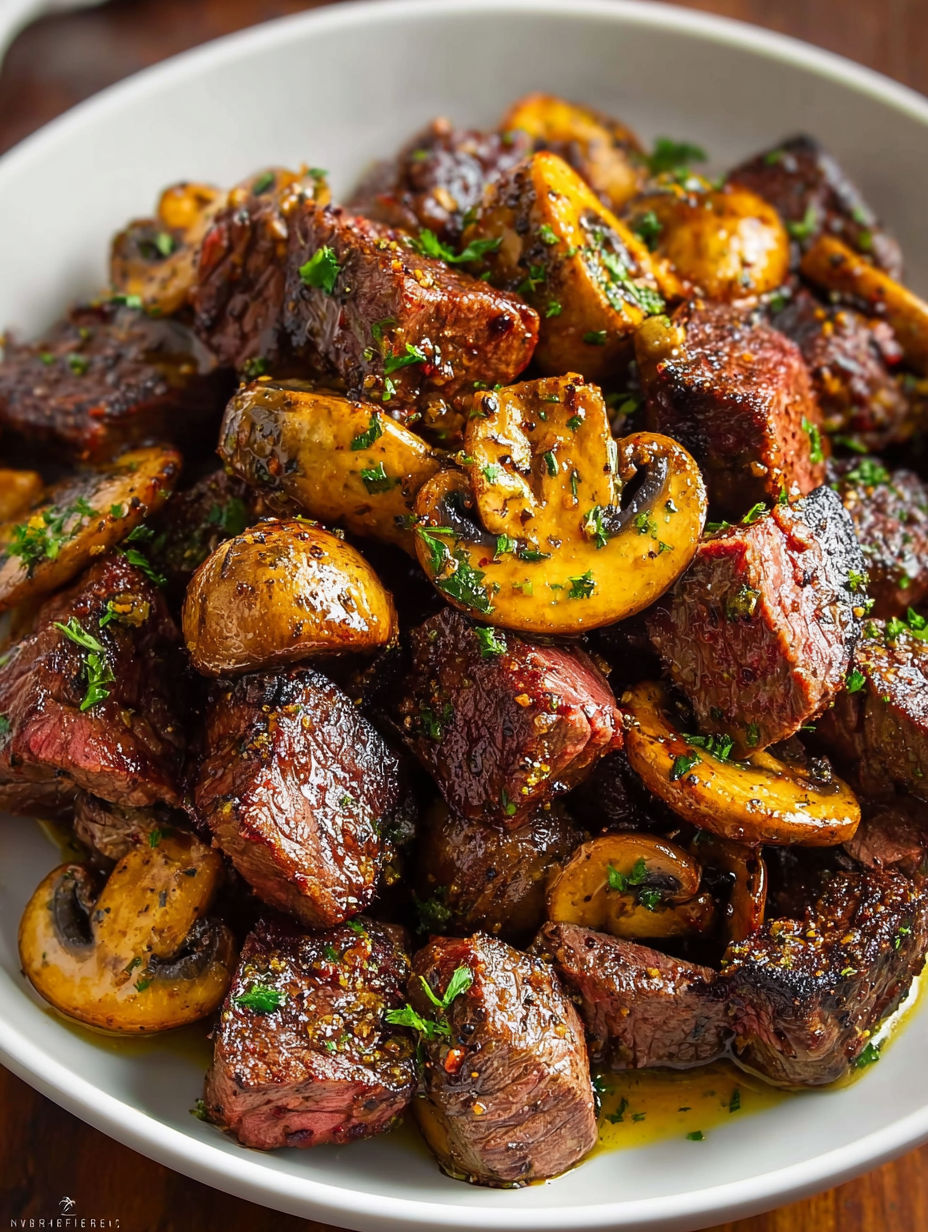A plate of Cajun steak bites with mushrooms and herbs.