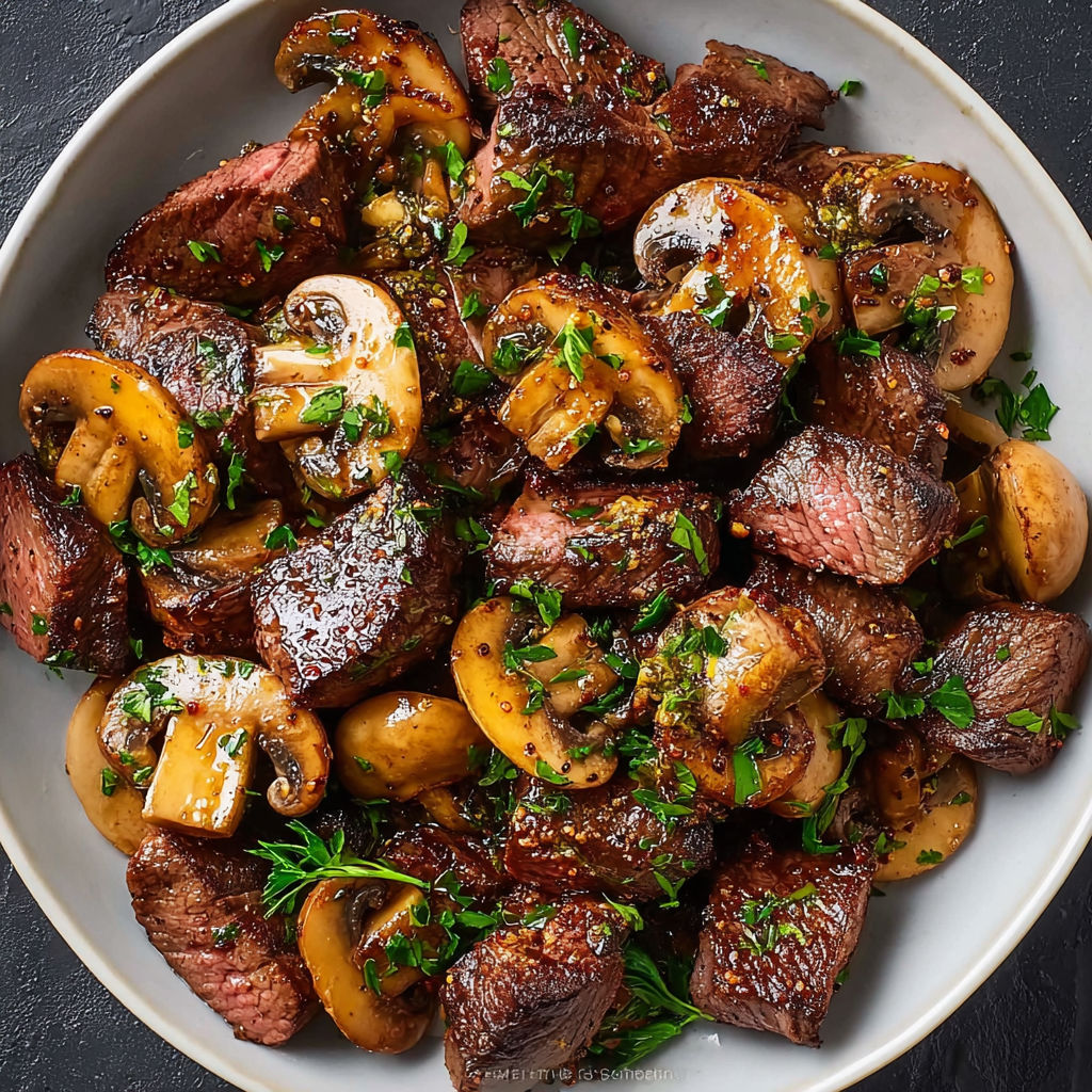 A plate of Cajun steak bites with mushrooms and herbs.