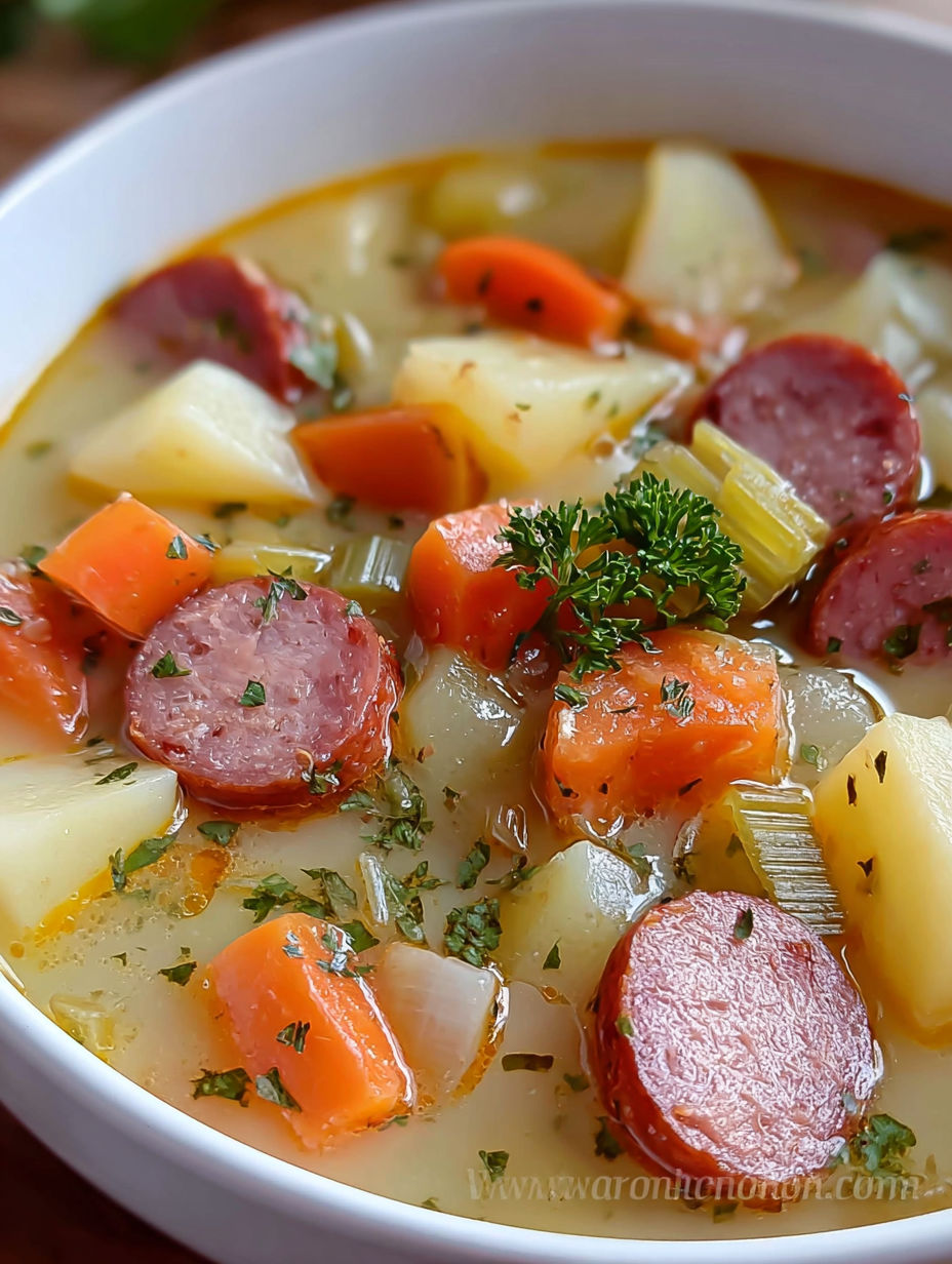 A bowl of soup with sausage and carrots.