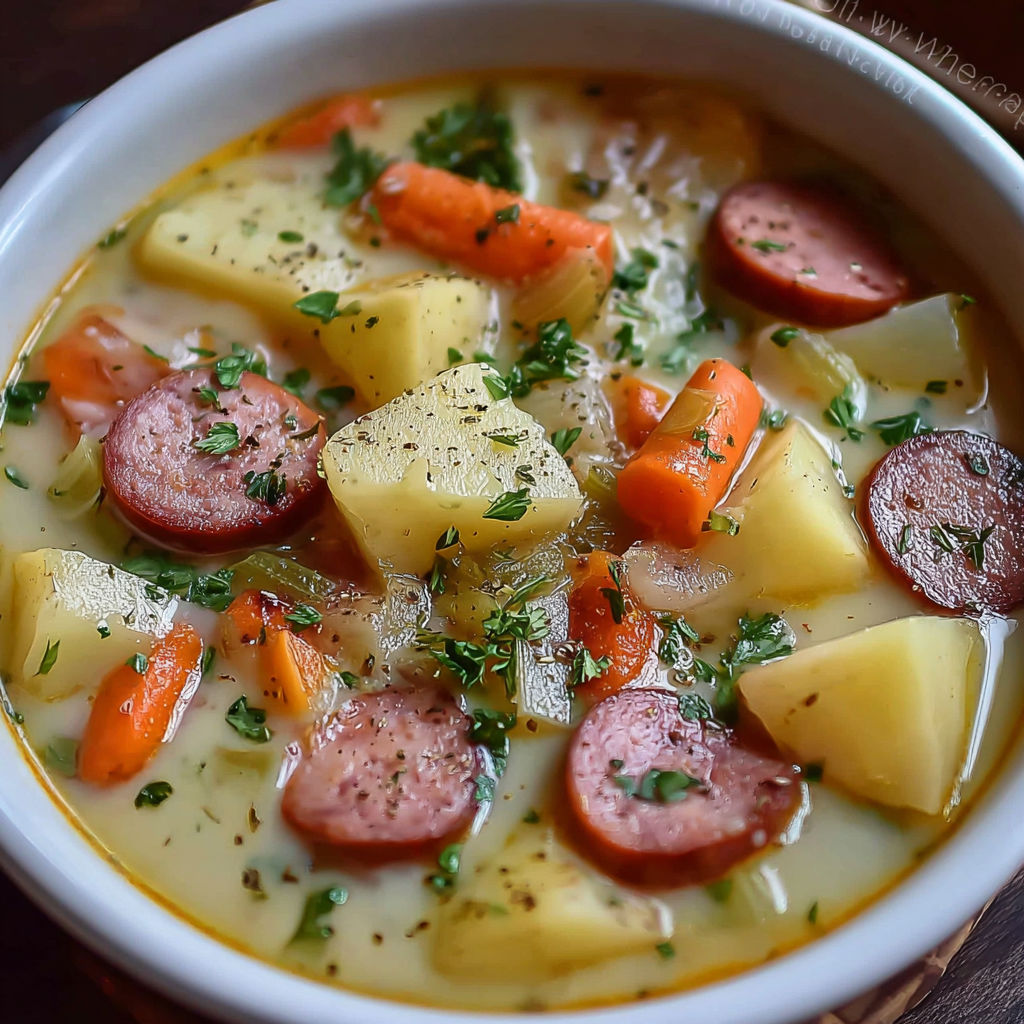 A bowl of soup with sausage, carrots, and potatoes.
