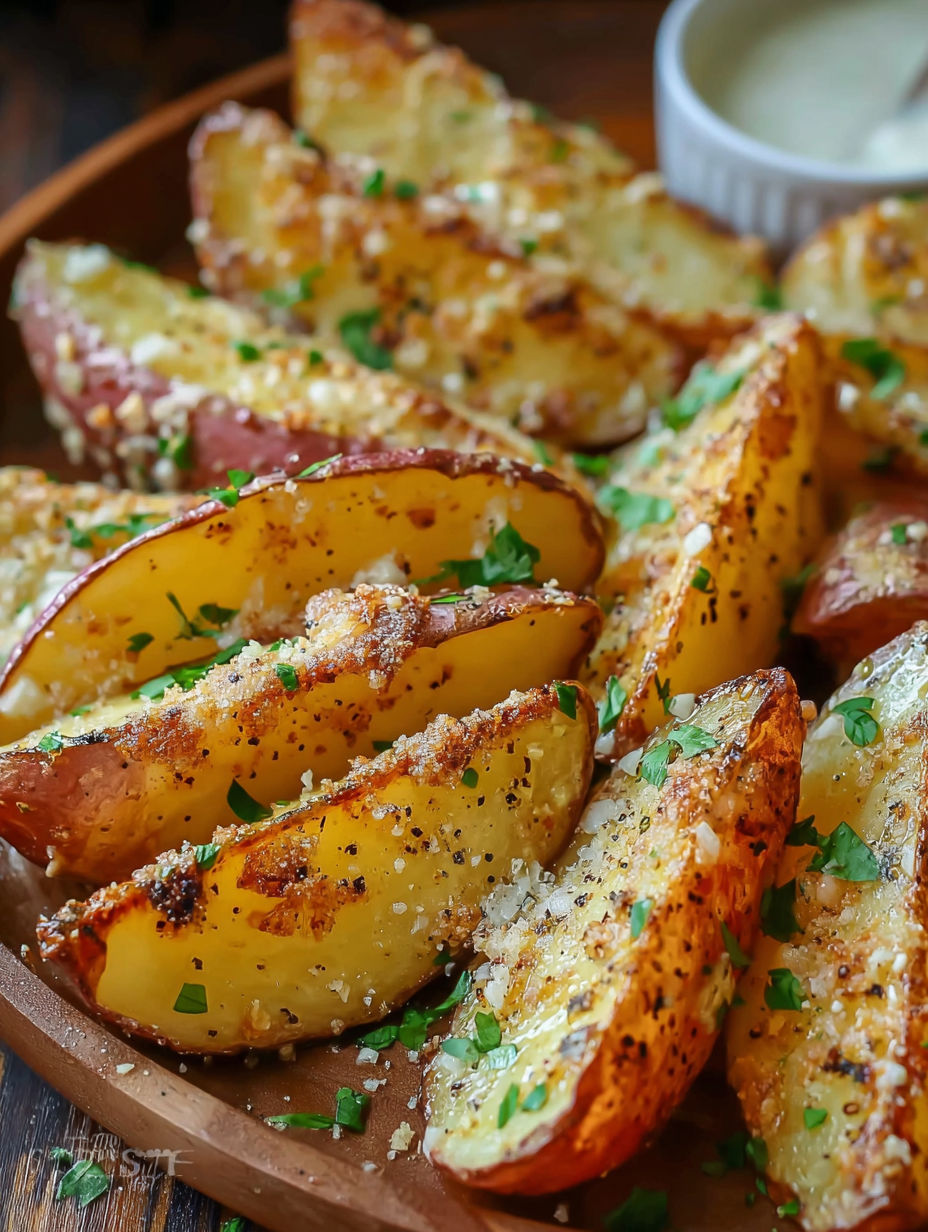 A plate of garlic Parmesan potato wedges.