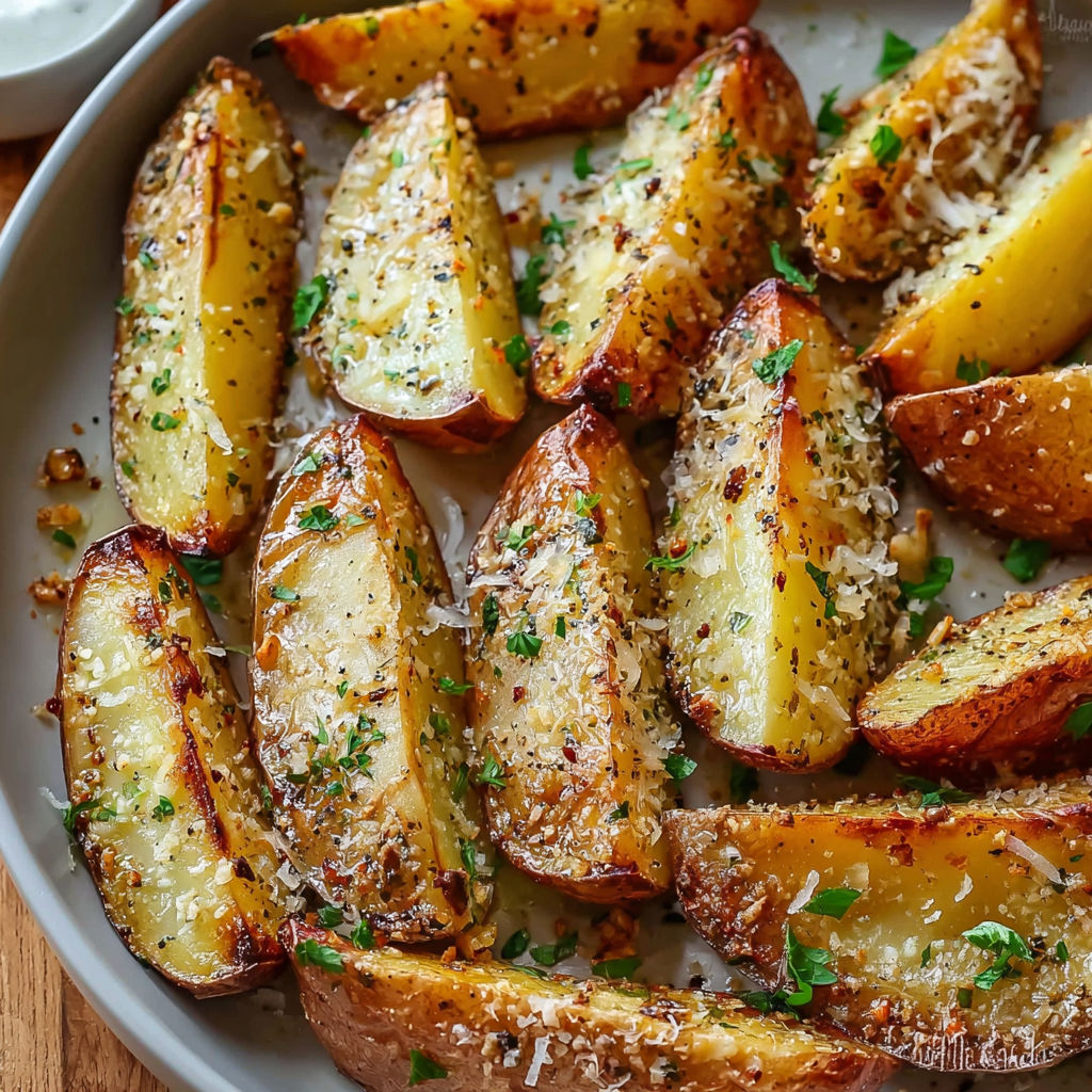 A plate of garlic Parmesan potato wedges.