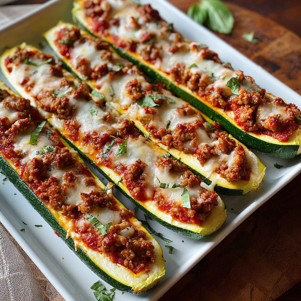 A plate of stuffed zucchini boats.