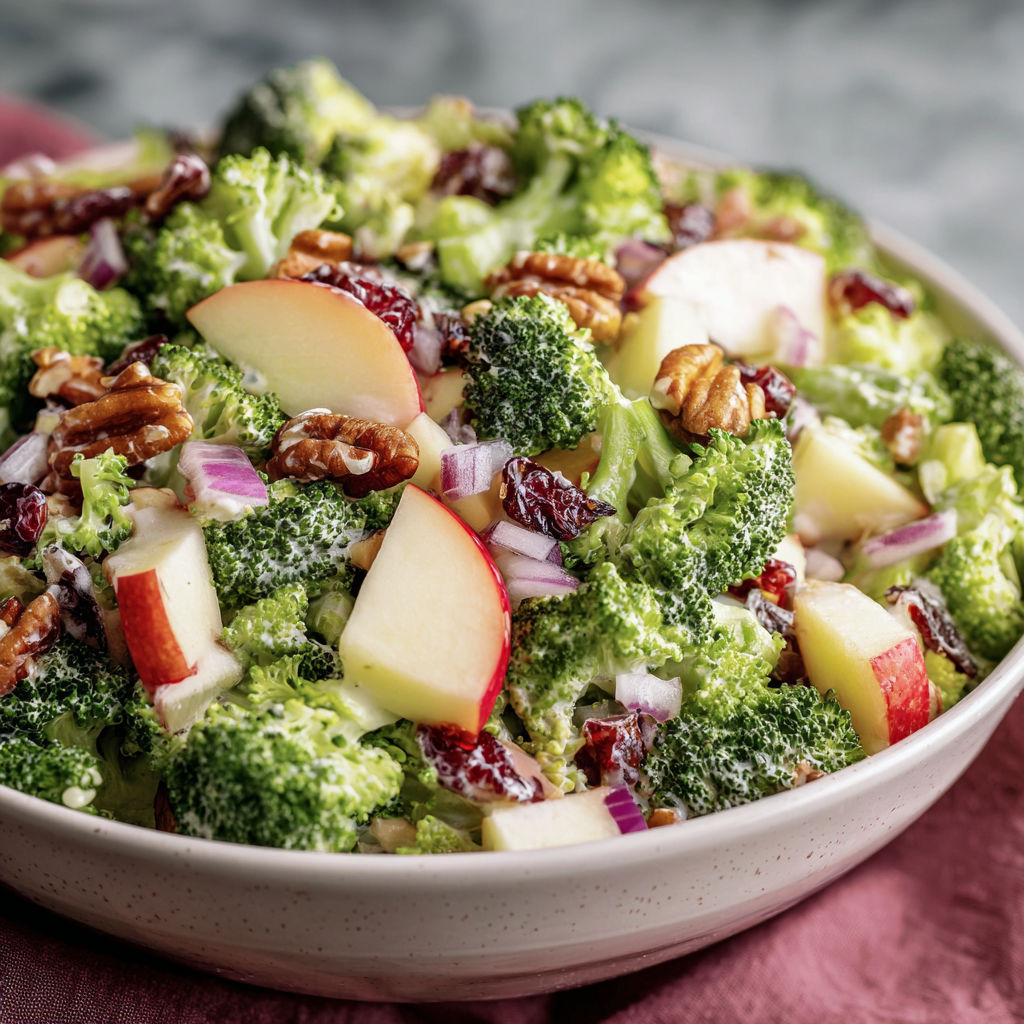 A bowl of salad with broccoli, apples, and walnuts.