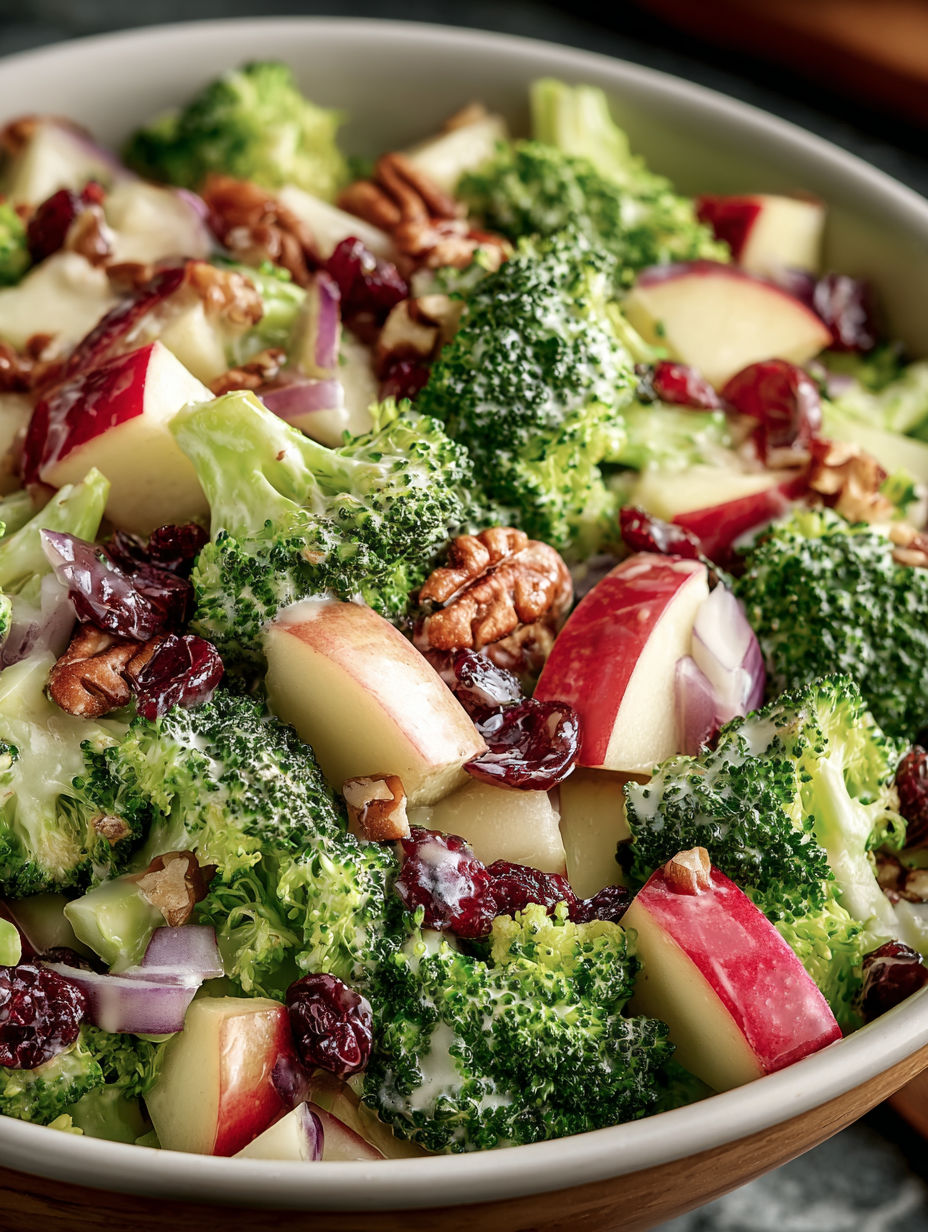 A bowl of salad with broccoli, apples, and walnuts.