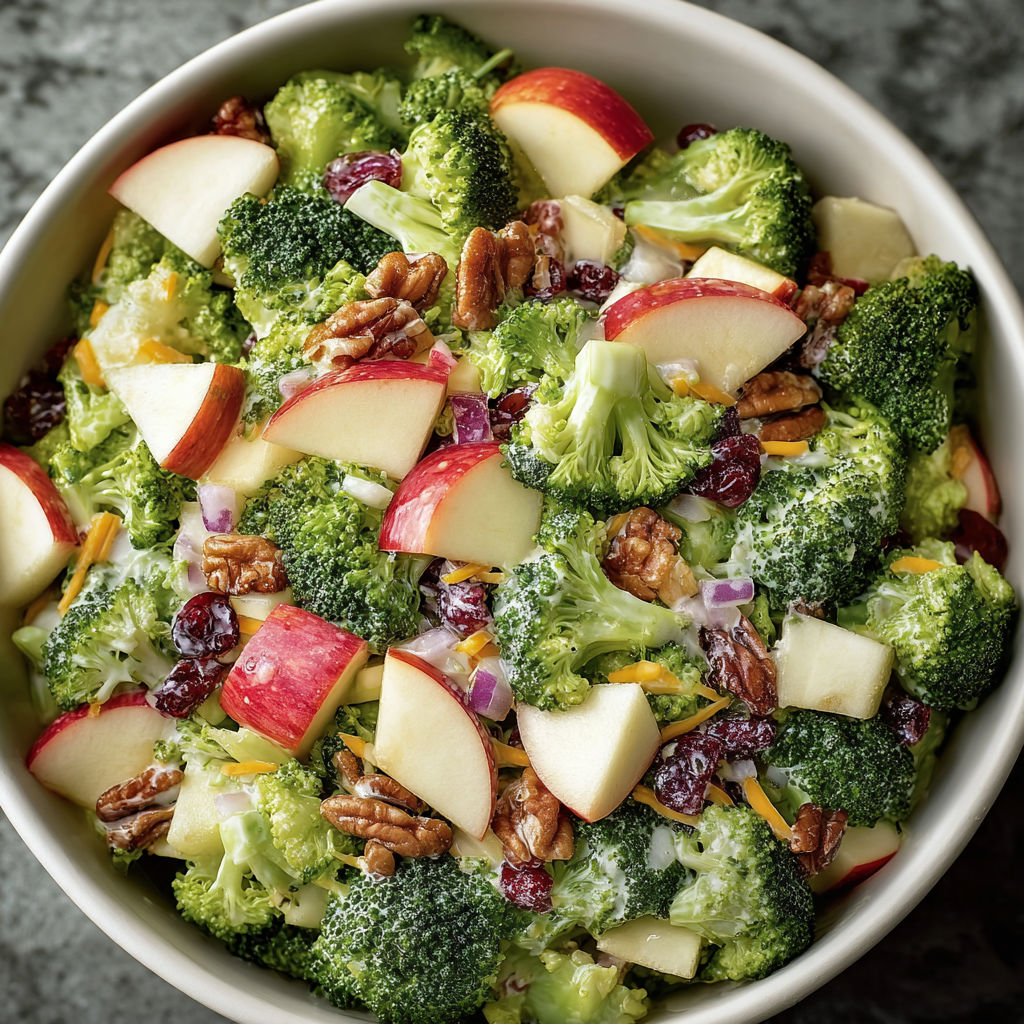 A bowl of salad with apples and broccoli.