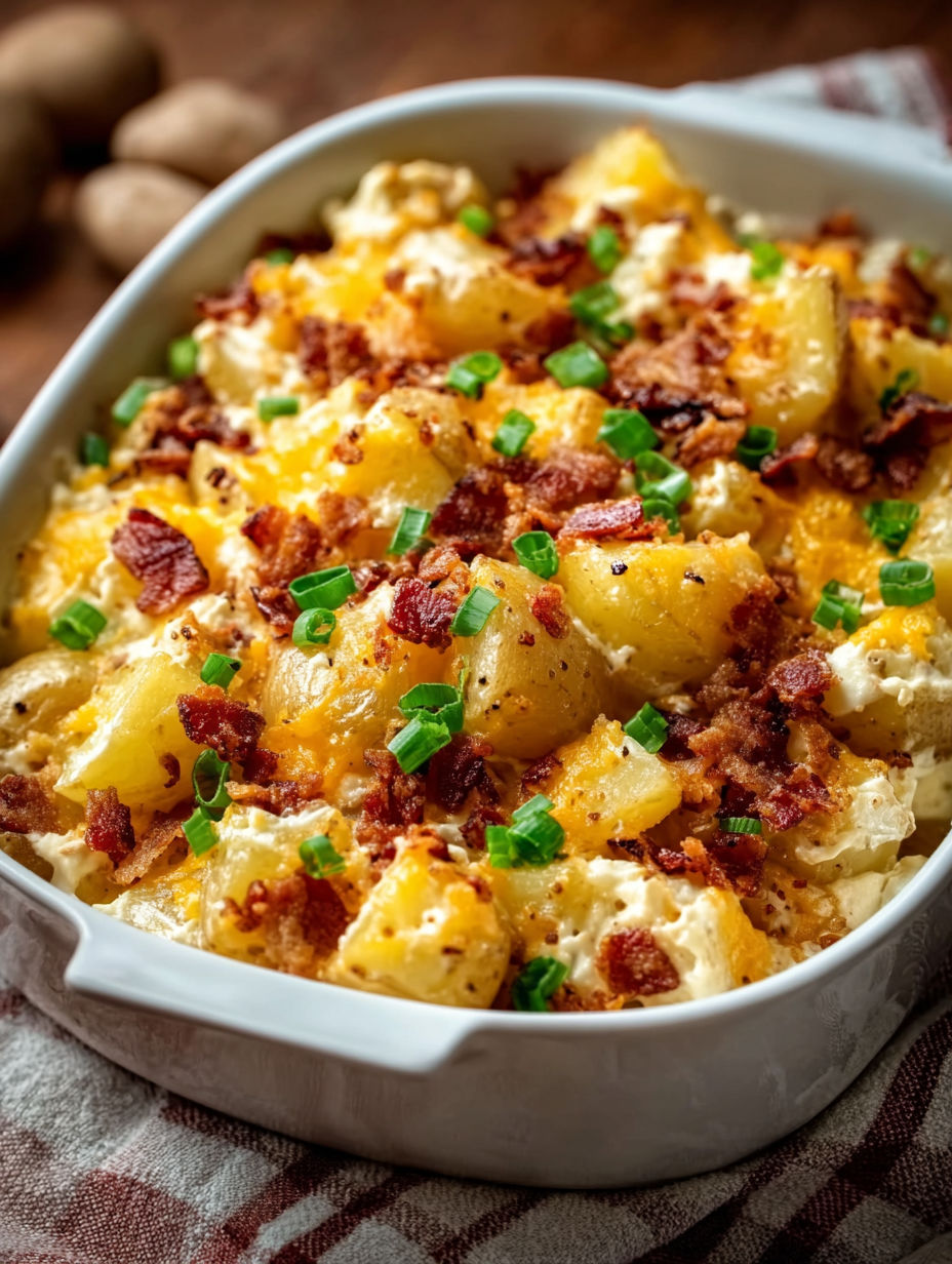 A white bowl filled with cheesy Mississippi Mud Potatoes.