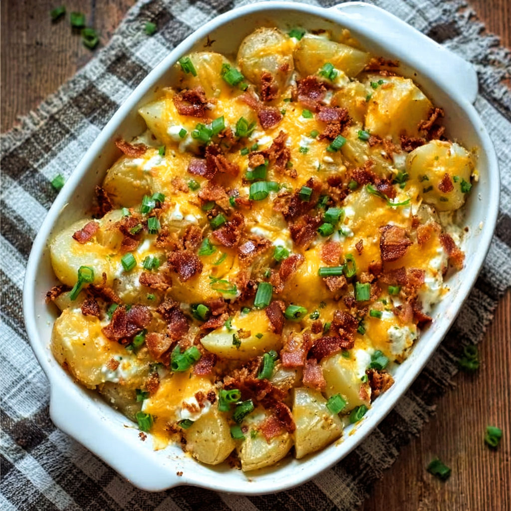 A white bowl filled with cheesy Mississippi Mud Potatoes.