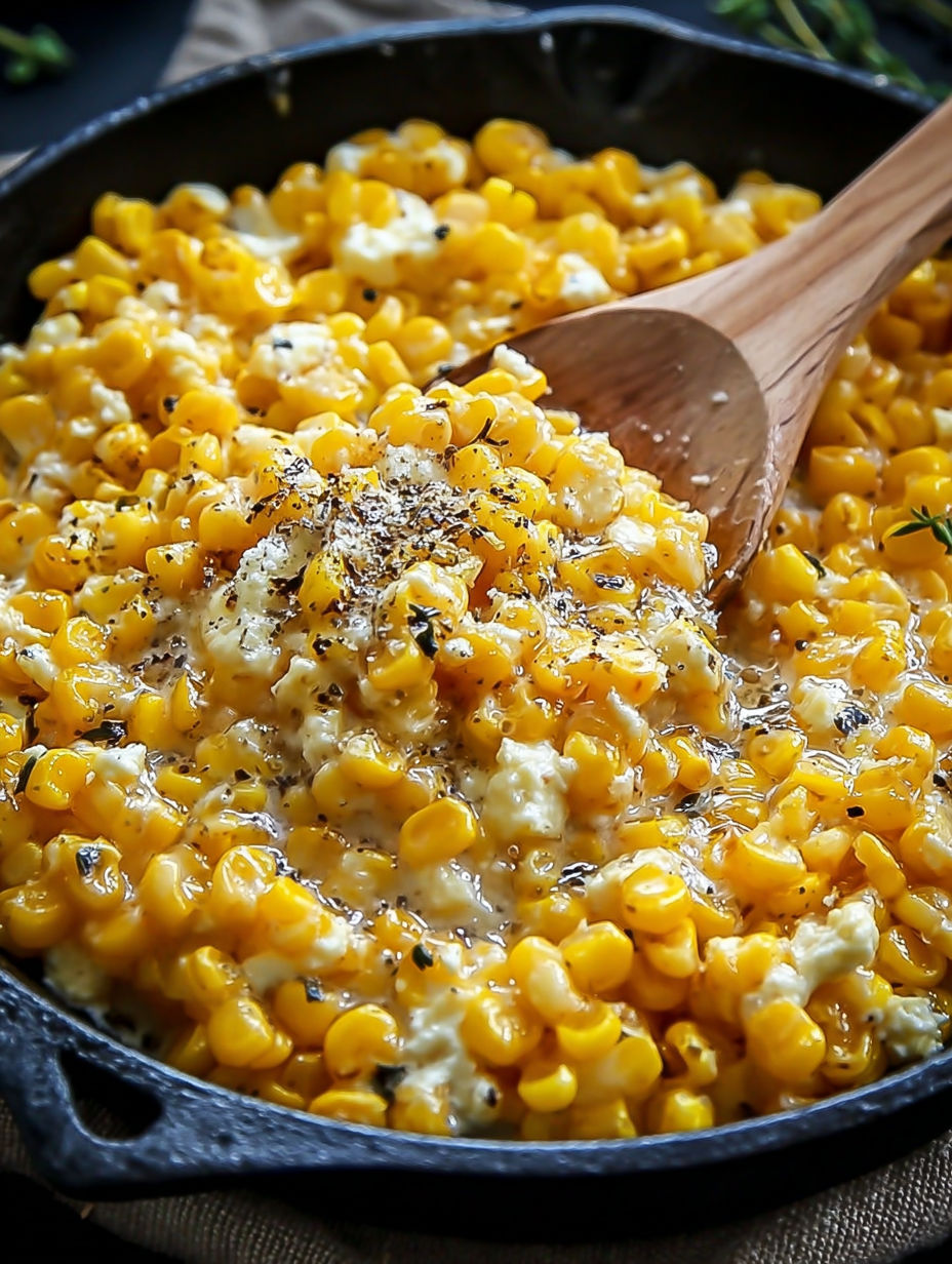 A skillet of corn with butter and honey.