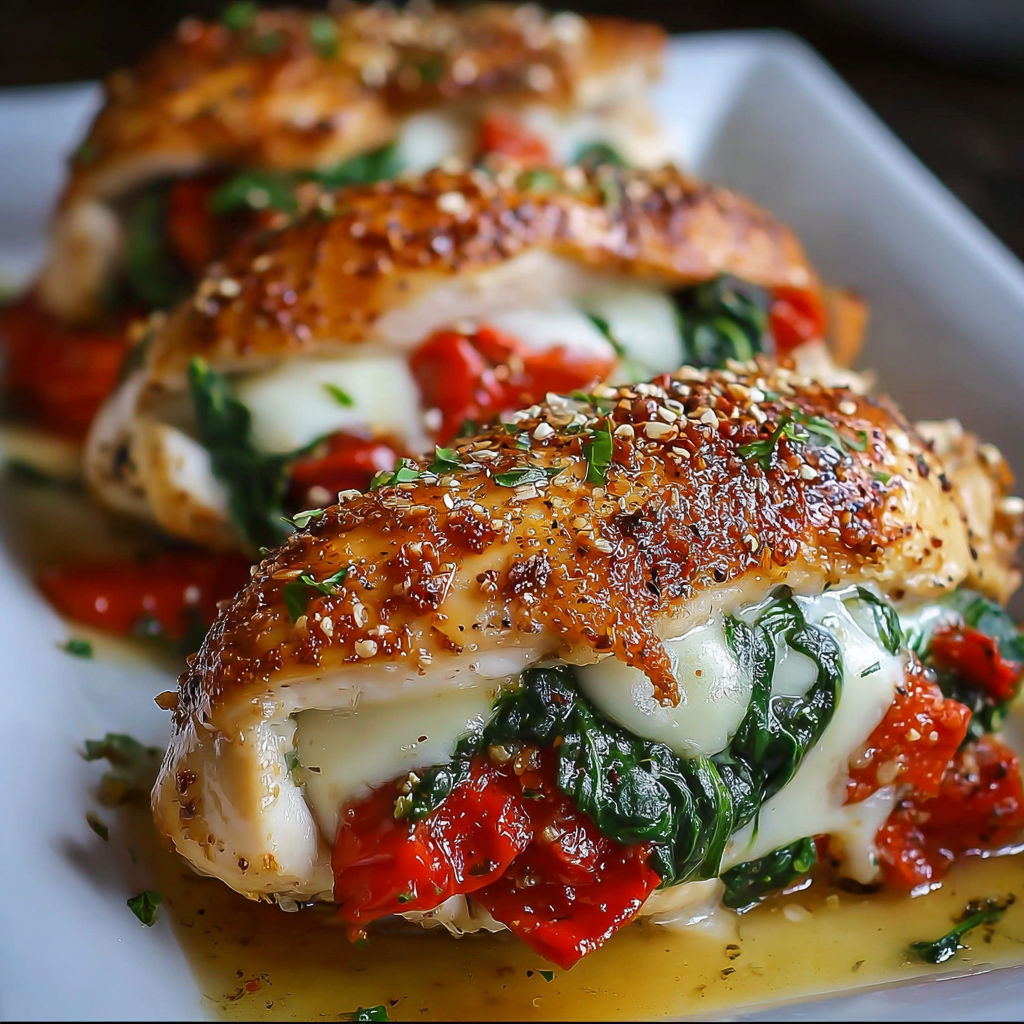 A plate of roasted red pepper spinach and mozzarella stuffed chicken.