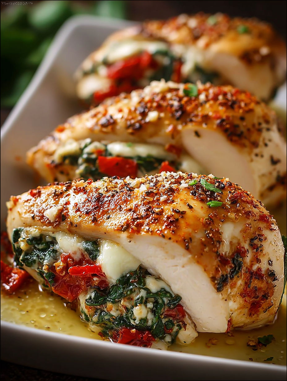 A plate of roasted red pepper spinach and mozzarella stuffed chicken.