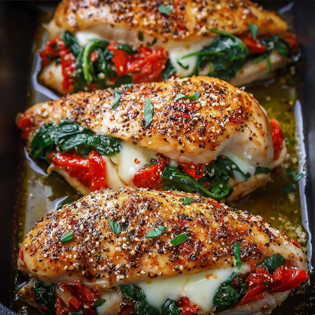 A close up of a roasted red pepper spinach and mozzarella stuffed chicken.
