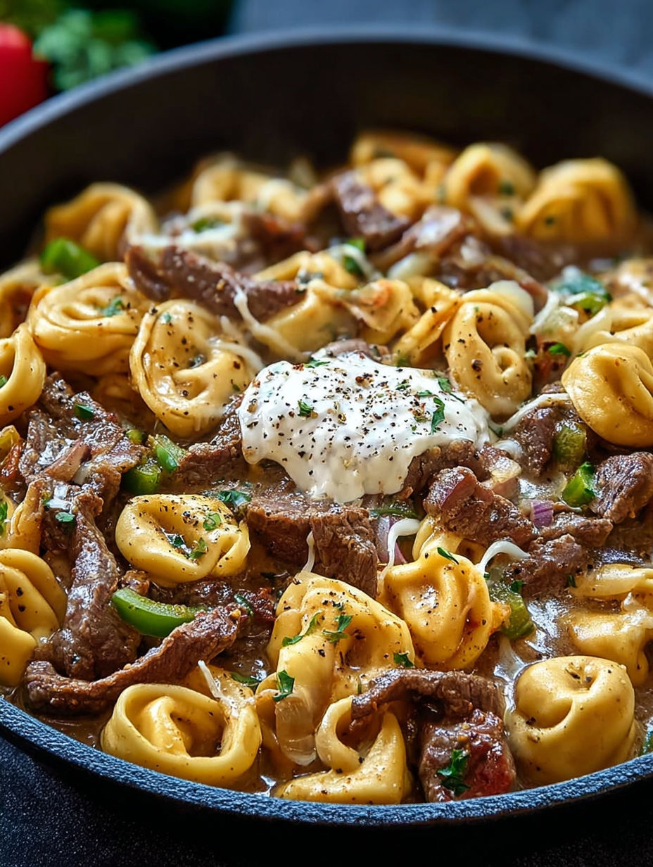 A delicious cheesesteak tortellini provolone skillet.