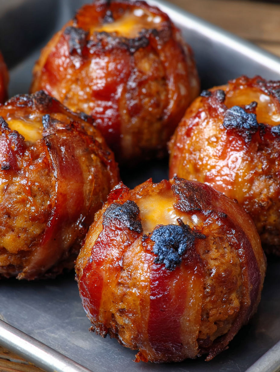 Bacon wrapped cheddar stuffed meatballs.