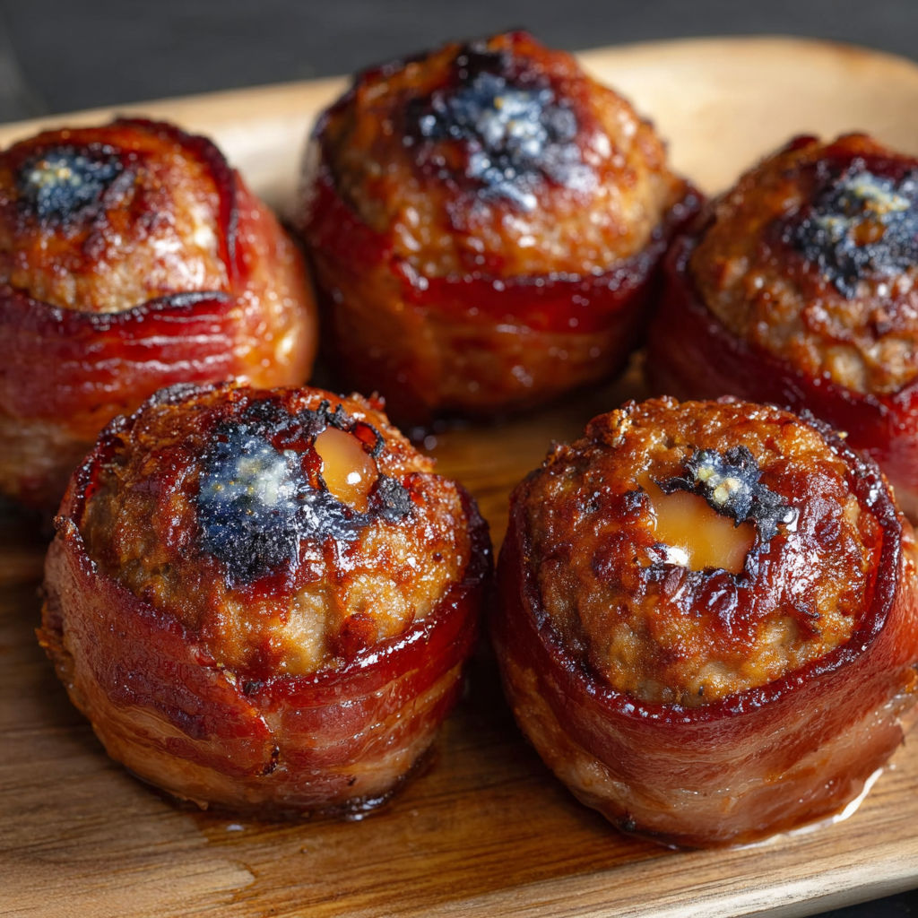 Bacon wrapped meatballs with cheese and BBQ sauce.